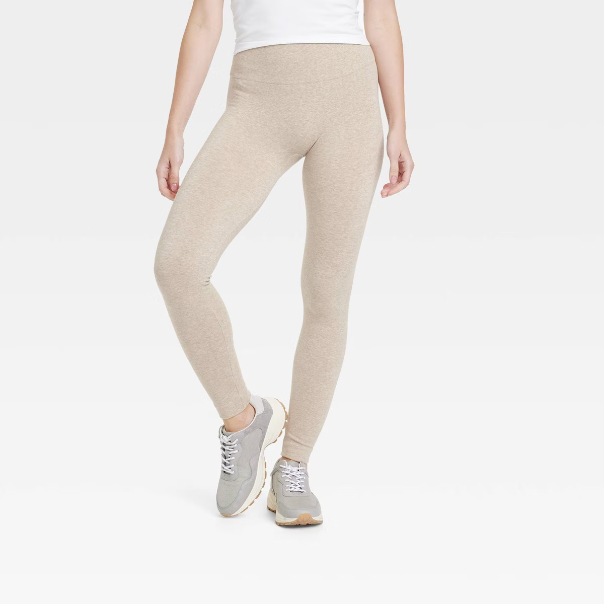 Women's High Waisted Cotton Seamless Fleece Lined Leggings - A New Day™ Heather Oatmeal S/M | Target