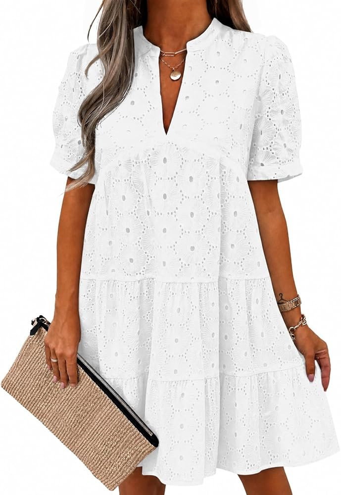 Imily Bela Womens Summer Lace Dresses Eyelet Casual Flowy Babydoll Swing Short Sleeve V Neck Tuni... | Amazon (US)