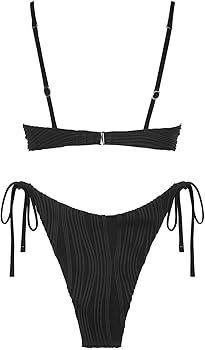 ZAFUL Women's Textured Underwire Bikini Set V Notch High Cut Swimwear Tie Side Ribbed Sexy Swimsu... | Amazon (US)