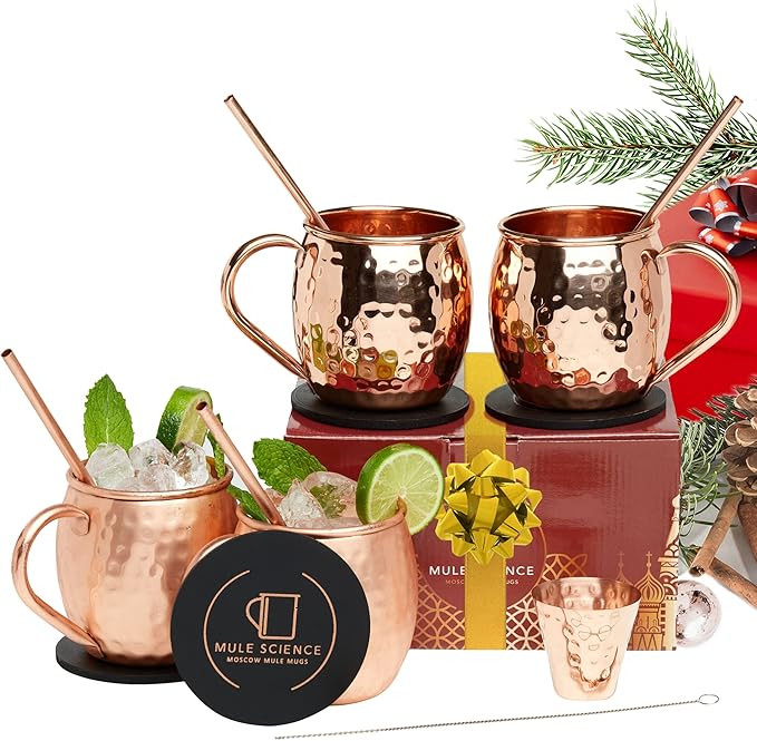 [Gift Set] Mule Science Moscow Mule Mugs Set of 4 | 100% Handcrafted | Food Safe | Copper Mugs wi... | Amazon (US)