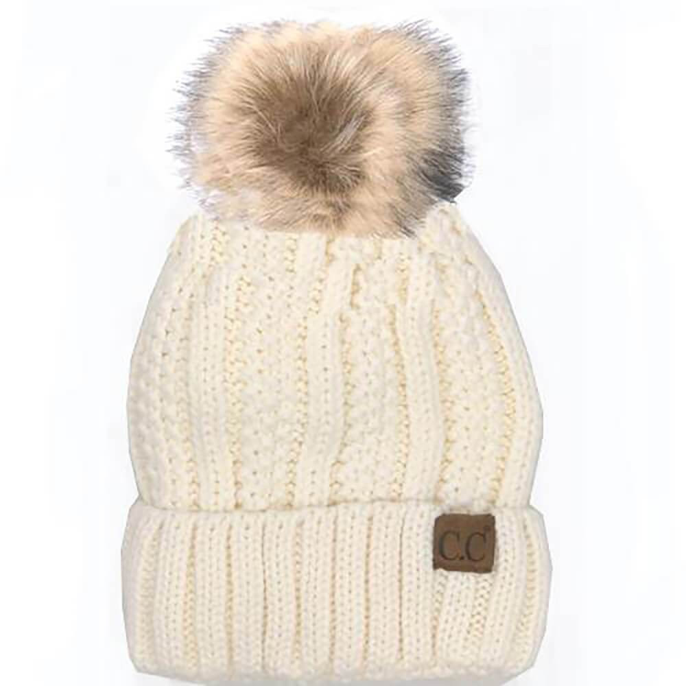 CC Beanie Fuzzy Lined Fur Pom Beanie in Ivory | Glik's