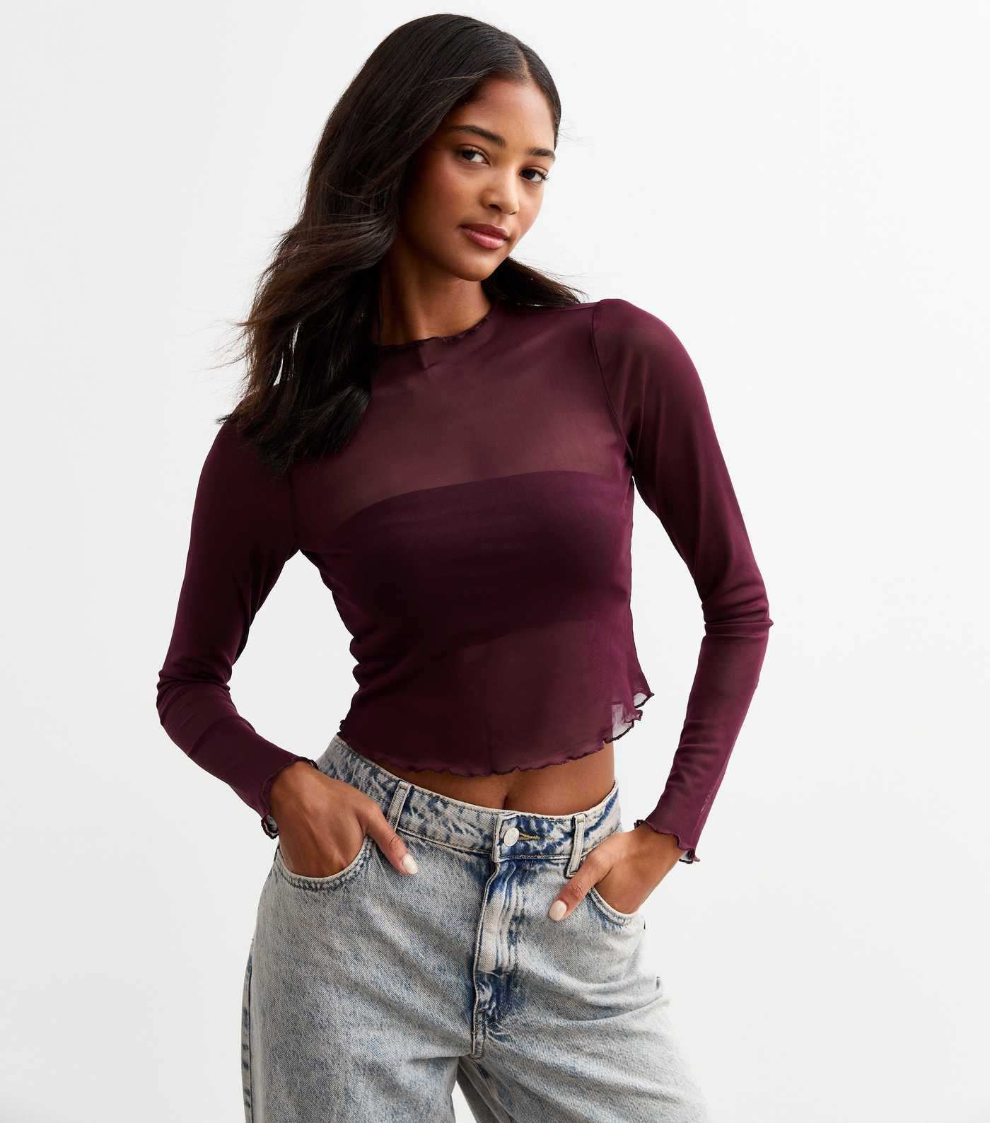 Burgundy Long Sleeve Mesh Top  | New Look | New Look (UK)