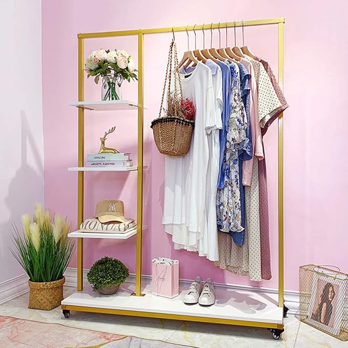 FONECHIN Metal Clothes Garment Racks with 4 Wood Storage Shelves and Hanging Bar Heavy Duty Free ... | Amazon (US)