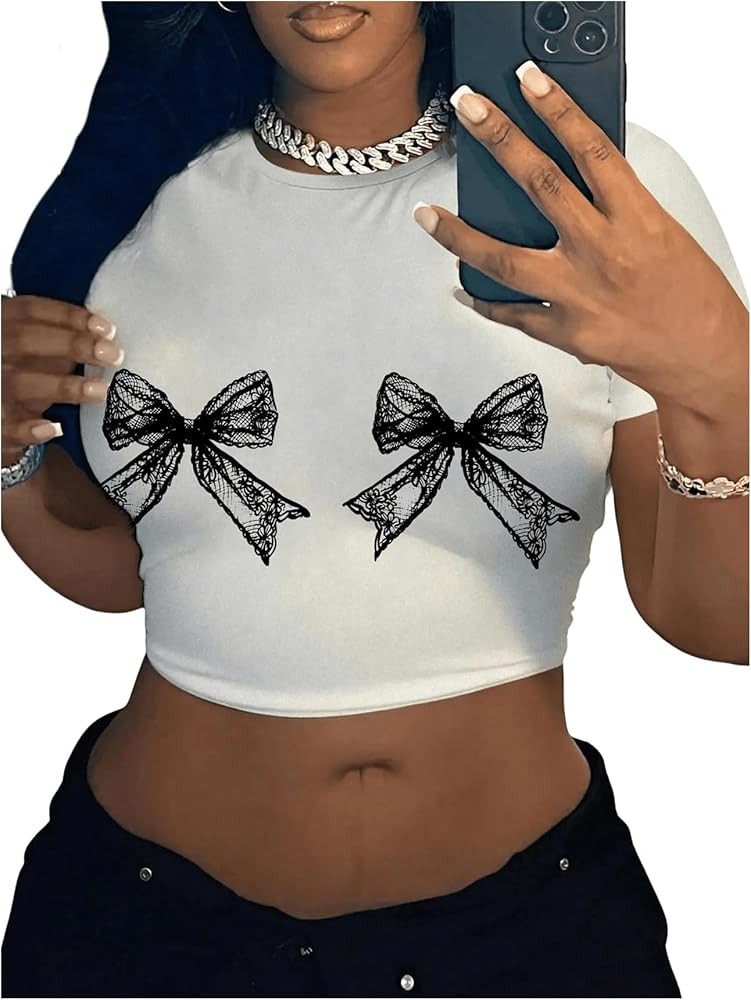 Milumia Women's Plus Size Bow Print Crewneck T Shirt Short Sleeve Crop Tops | Amazon (US)