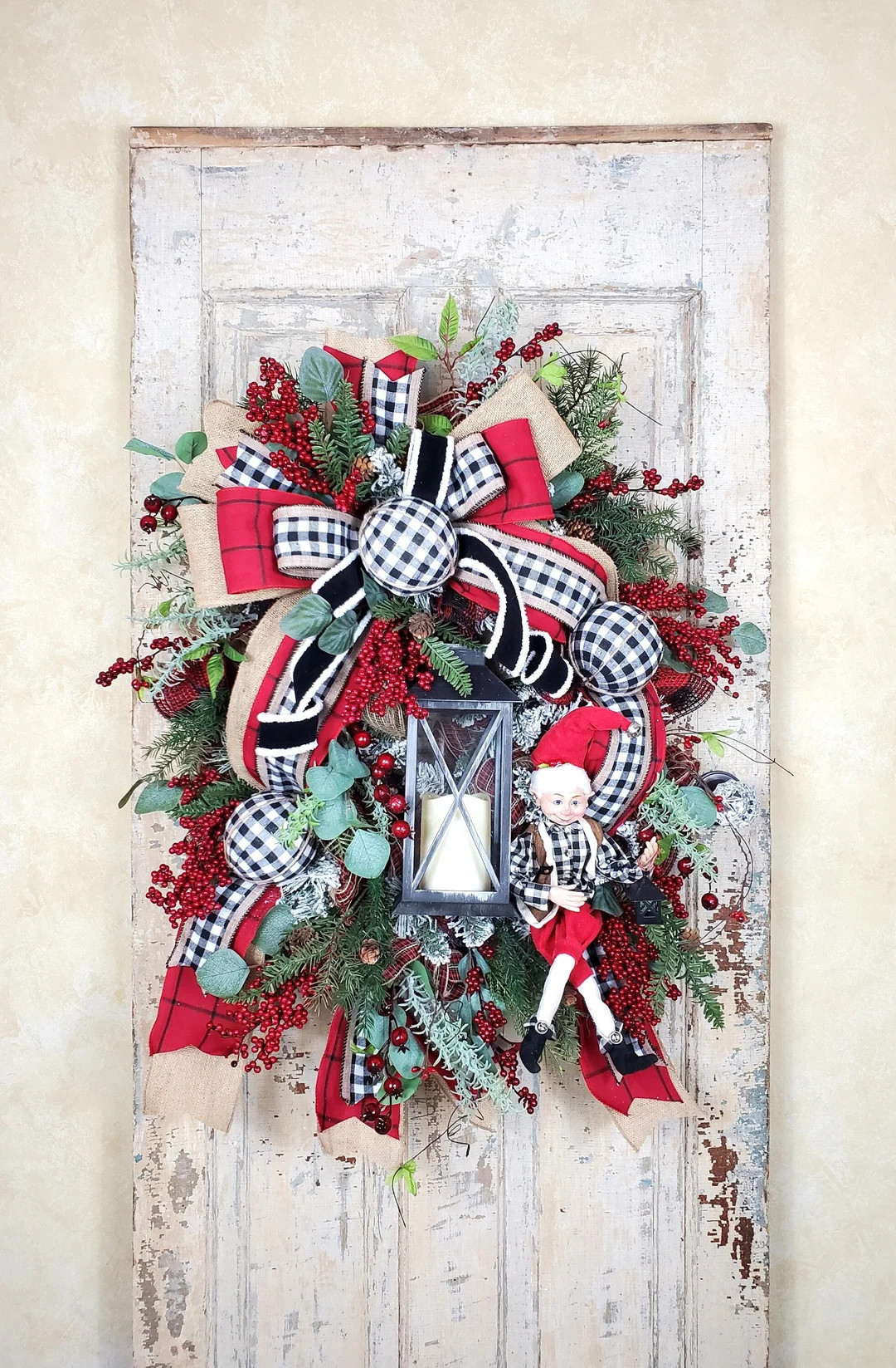 Christmas Wreath with Lantern, Elf Christmas Wreath, Buffalo Plaid Christmas Wreath, Christmas Wr... | Etsy (US)