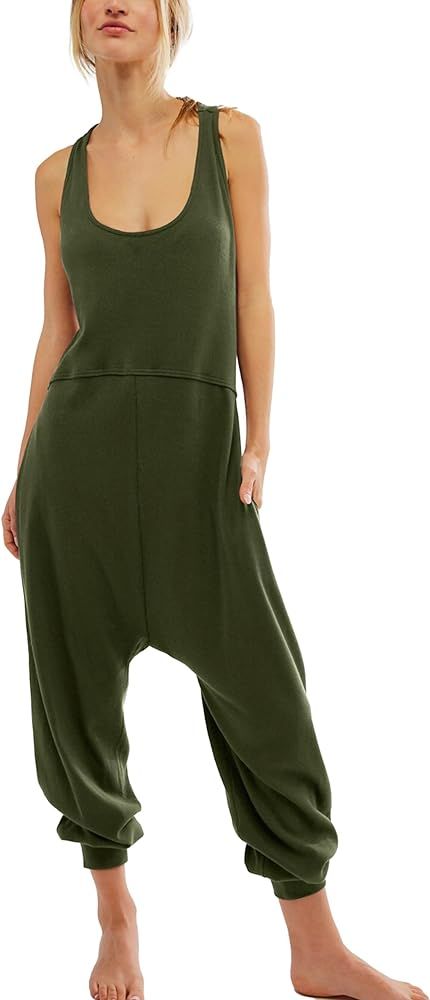 APAFES Womens Summer Baggy Backless Overalls Sleeveless Harem One Piece Jumpsuits with Pockets | Amazon (US)