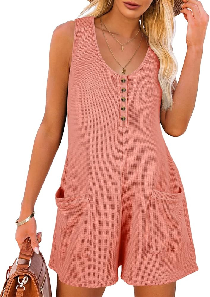 Caramitty Rompers for Women Sleeveless Jumpsuits for Women Button Down Waffle Fabric Summer Vacation | Amazon (US)
