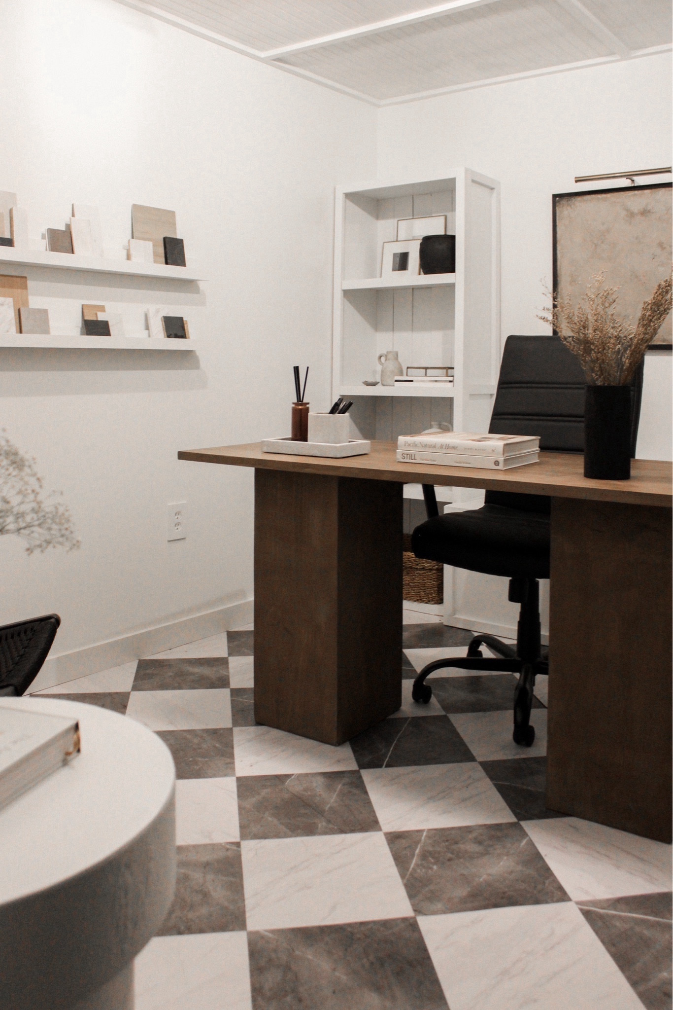 home office refresh - neutral shelf decor + a little furniture layout swap made such a huge difference in how this space feels! 

home office. Wood desk. Plaster table. End table. Side table. Arch mirror. Olive tree. Floor mirror. Interior design office. Interior design studio. Home decor. Shelf decor. Office chair. Desk chair  office organization. Desk organization  

#LTKsalealert #LTKhome #LTKfindsunder50