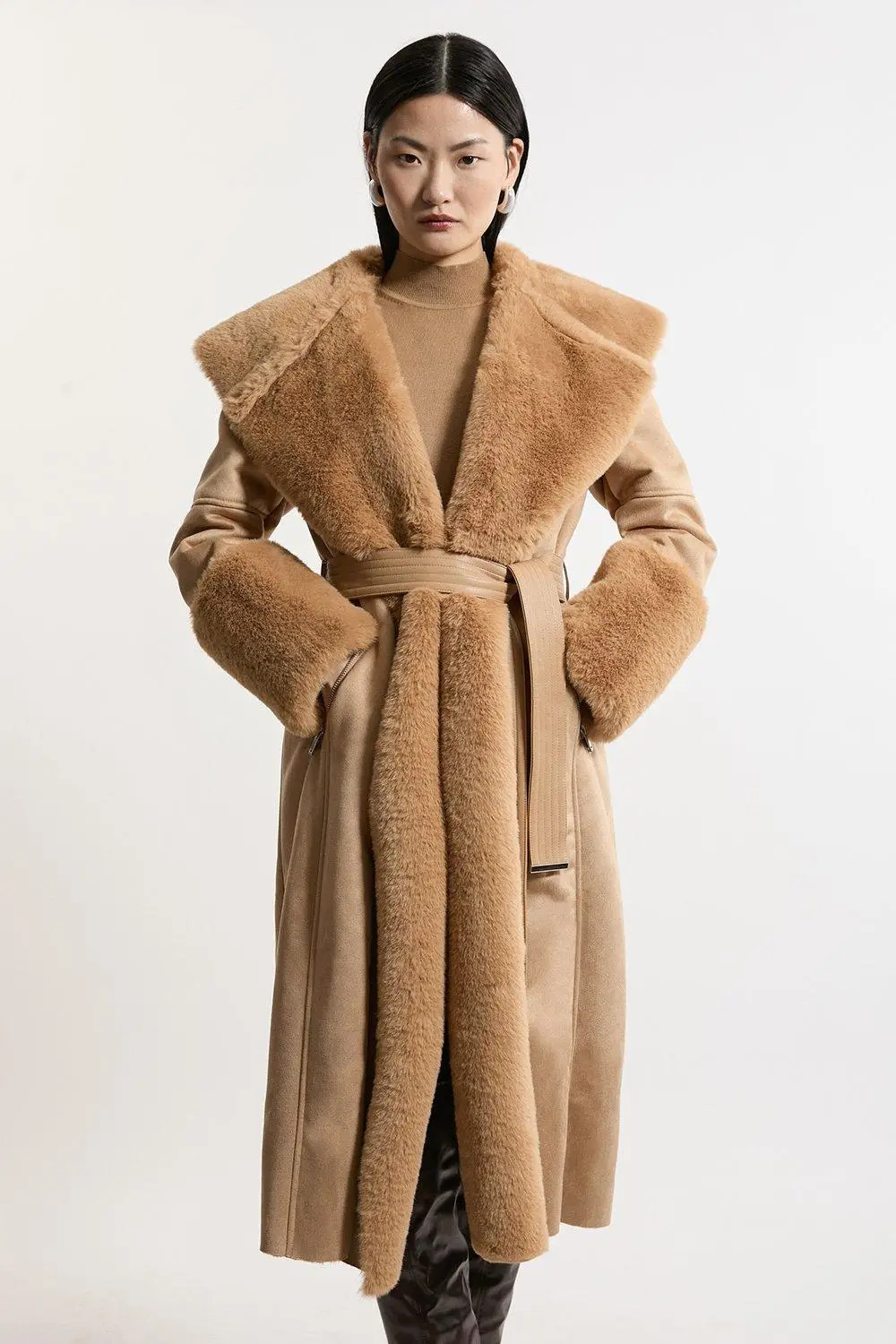 Jackets & Coats | Faux Shearling Collar & Cuff Belted Midi Coat | KarenMillen | Karen Millen US