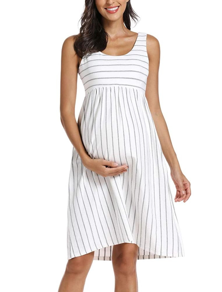 Ecavus Womens Maternity Tank Dress Stripe Color Block Sleeveless Knee Length for Baby Shower | Amazon (US)