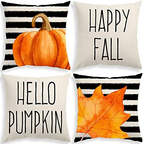 Fall Decor Pillow Covers 18x18 inch Set of 4 Stripes Pumpkin Maple Leaf Happy Fall Outdoor Fall P... | Amazon (US)