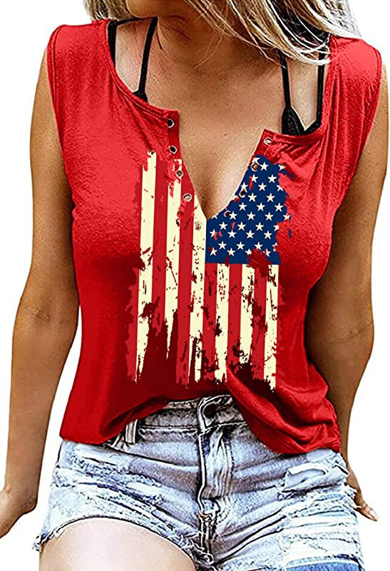 American Flag Tank Tops for Women 4th of July Shirts Ring Hole Sleeveless V-Neck T-Shirt Patrioti... | Amazon (US)