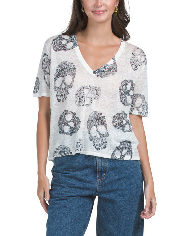 Linen Ruma Short Sleeve Skull V-Neck T-Shirt For Women | TJ Maxx