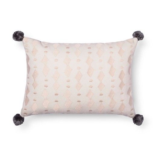 Cream Diamond Embroidered Oblong Throw Pillow with Poms (18"x13") - Nate Berkus™ | Target