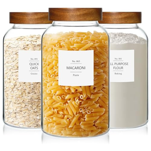 KEYWING 88oz Large Glass Jars with Airtight Acacia Wood Lids, Set of 3 Food Storage Containers for Flour, Sugar, Rice, Pasta, Cereal, Cookies – Includes 126 Labels | Amazon (US)