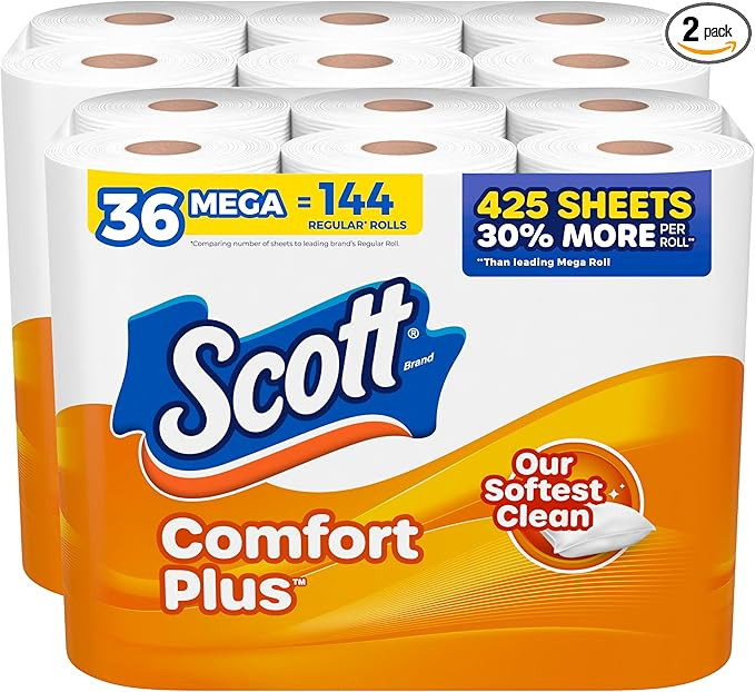 Scott ComfortPlus Toilet Paper, 36 Mega Rolls (2 Packs of 18), 425 Sheets per Roll, Septic-Safe, ... | Amazon (US)