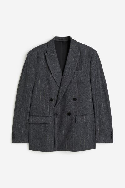 Relaxed Fit Double-breasted Wool-blend Jacket - Black/herringbone-patterned - Men | H&M US | H&M (US + CA)