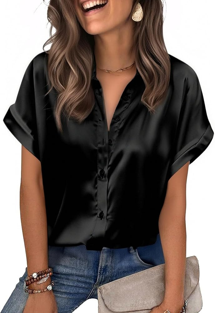 Zeagoo Womens Satin Blouse Short Sleeve Silk Tops Button Down Shirts Business Casual Outfits | Amazon (US)