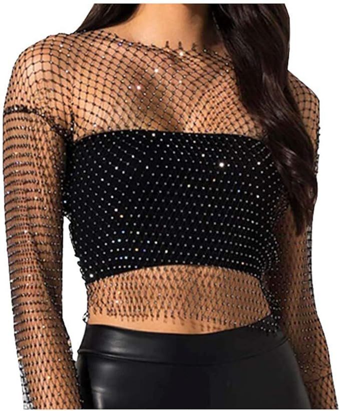Fstrend Mesh Body Chains Crystal Long Sleeve Fishnet Crop Tops Rhinestone See Through Cover up Bi... | Amazon (US)