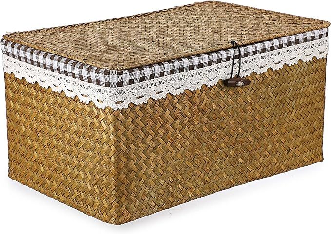 Hipiwe Wicker Storage Basket Bin with Removable Fabric liner and Lid, Woven Seagrass Shelf Basket... | Amazon (US)