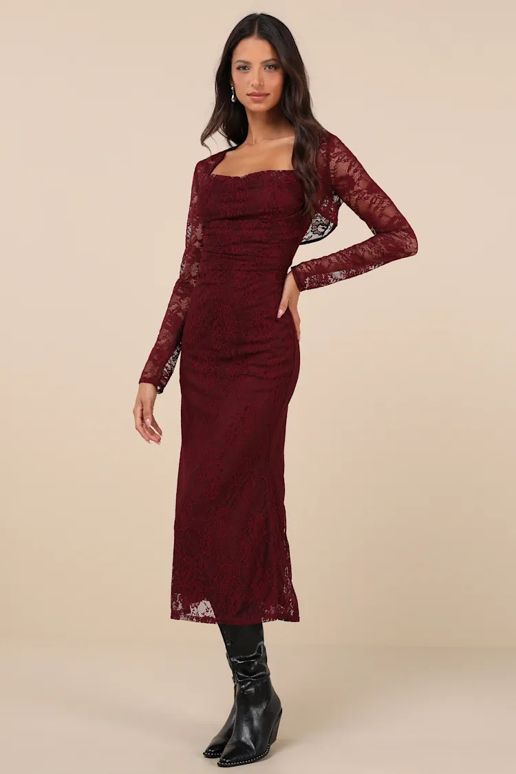 Certainly Iconic Burgundy Lace Midi Dress and Shrug Set | Lulus