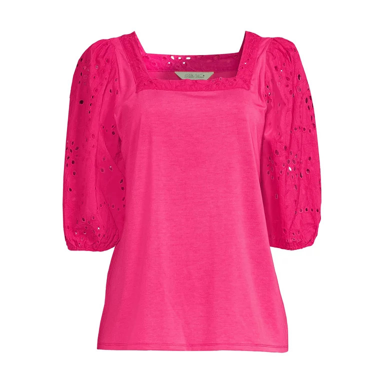 The Pioneer Woman 3/4 Eyelet Sleeve Square Neck Top, Women's - Walmart.com | Walmart (US)
