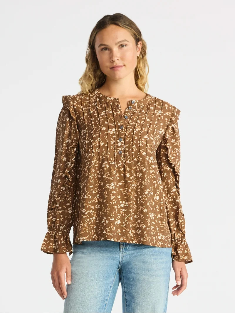 Time and Tru Women's Pintuck Ruffle Blouse with Long Sleeves, Sizes XS – XXXL | Walmart (US)
