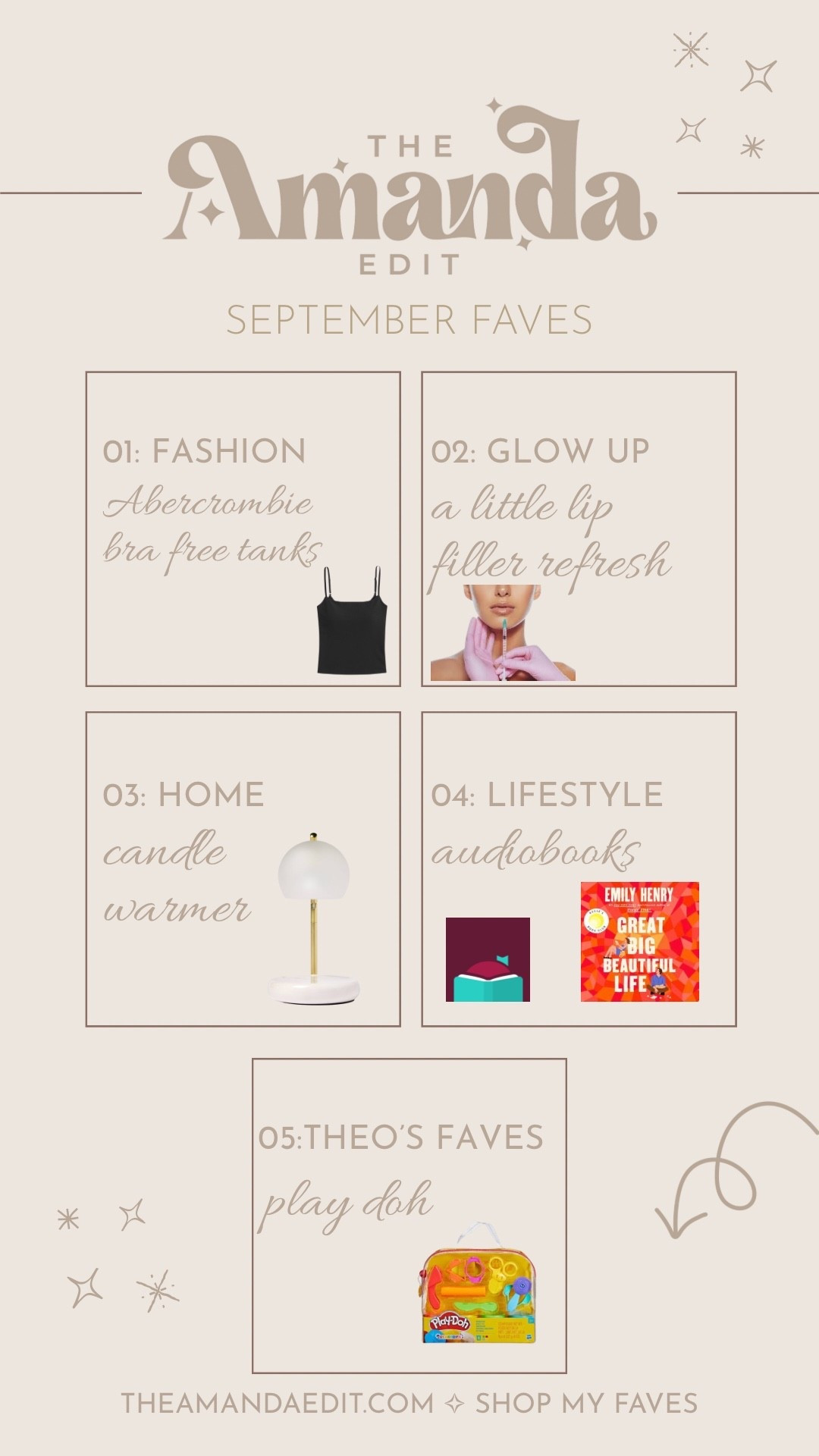 ✨ September Faves are here ✨
The little things I’ve been reaching for and loving all month. Bra-free tanks that are teacher and mom approved, my go-to audiobook escape, a cozy candle warmer, and Theo’s Play-Doh obsession that keeps him busy while I reset.

Fashion, glow up, home, lifestyle, and of course Theo’s faves…all linked for you on LTK 🫶 

#LTKFindsUnder50 #LTKHome #LTKStyleTip