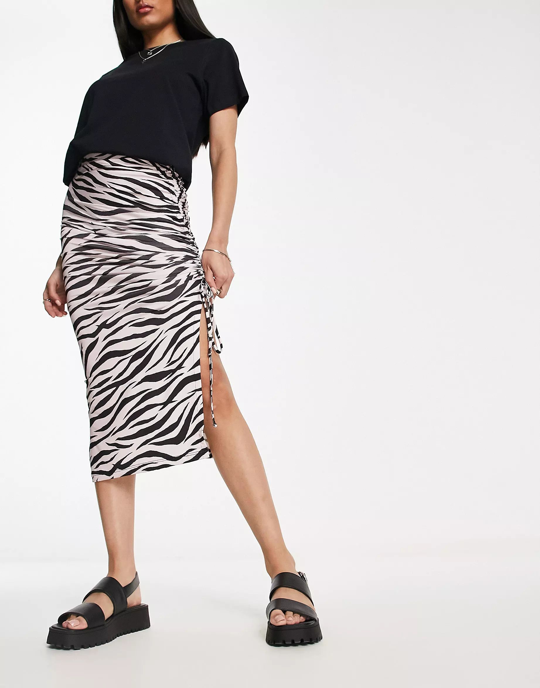 Miss Selfridge ruched midi skirt in zebra print | ASOS (Global)