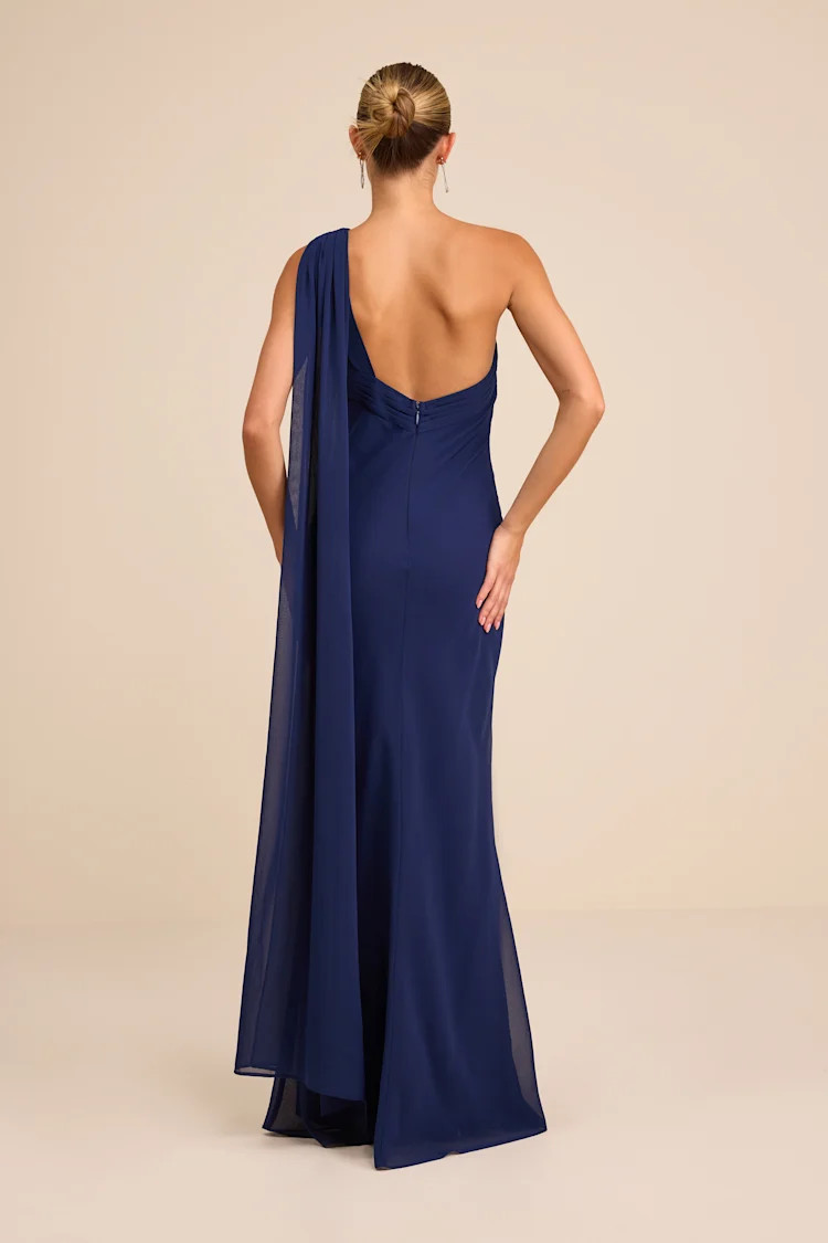 Carmenza Navy One-Shoulder Sash Maxi Dress | Lulus