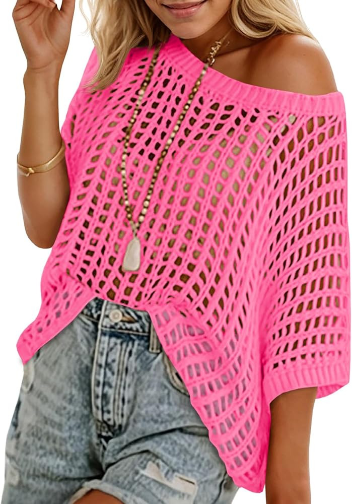 Saodimallsu Womens Crochet Sweater Tops Batwing Short Sleeve Oversized Boat Neck Boho Knit Summer... | Amazon (US)