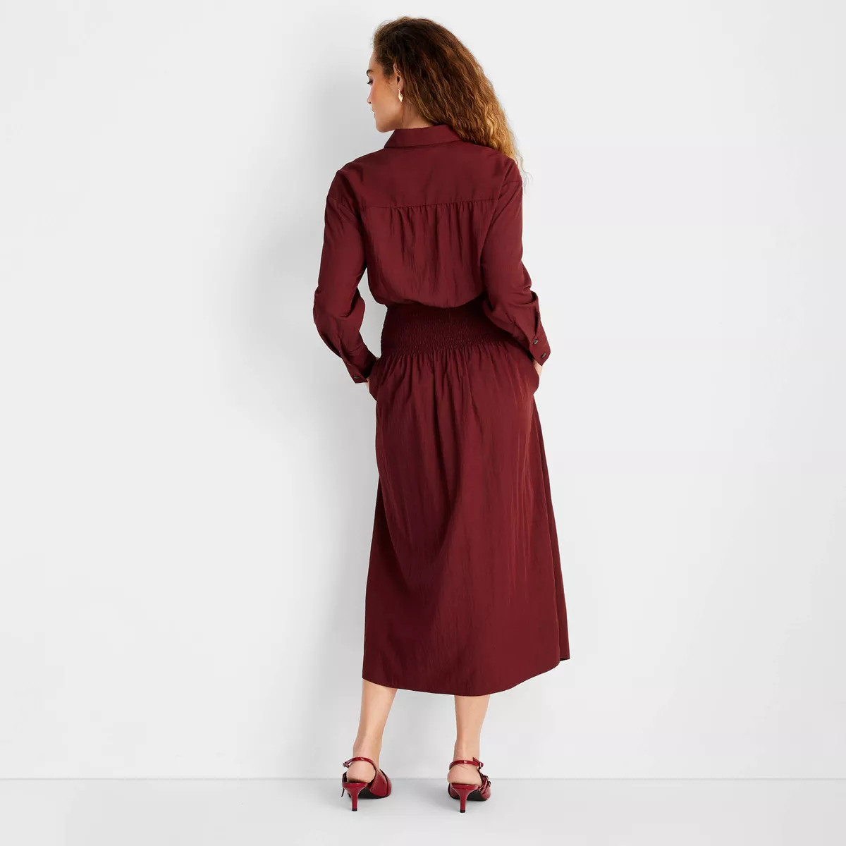 Women's Collared Long Sleeve Smocked Midi Shirtdress - Future Collective | Target