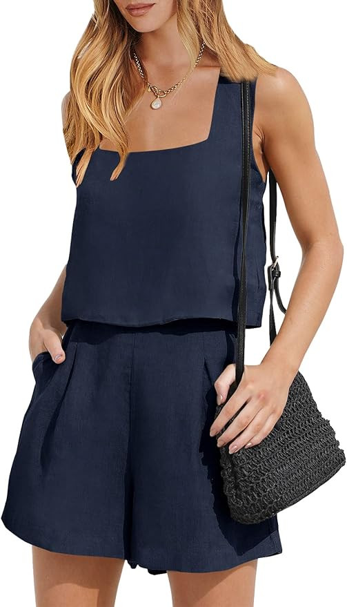 ANRABESS Womens 2 Piece Outfits Linen Crop Shorts Set 2024 Summer Vacation Beach Clothes Lounge M... | Amazon (US)