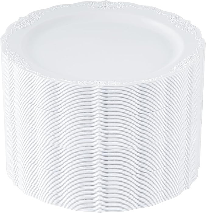 100 Pieces White Plastic Plates - 10.25 inch White Dinner Disposable Plates - Premium Hard Dispos... | Amazon (US)