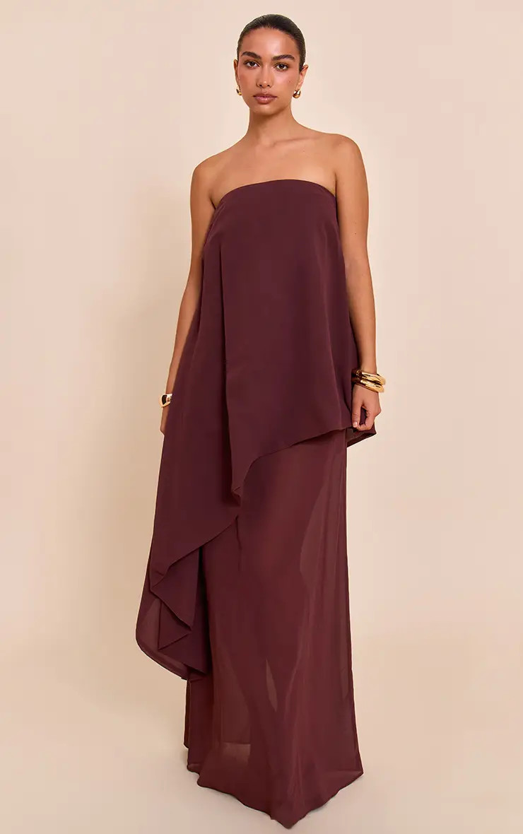 Chocolate Abstract Chiffon Bandeau Overlay Maxi Dress | PrettyLittleThing US