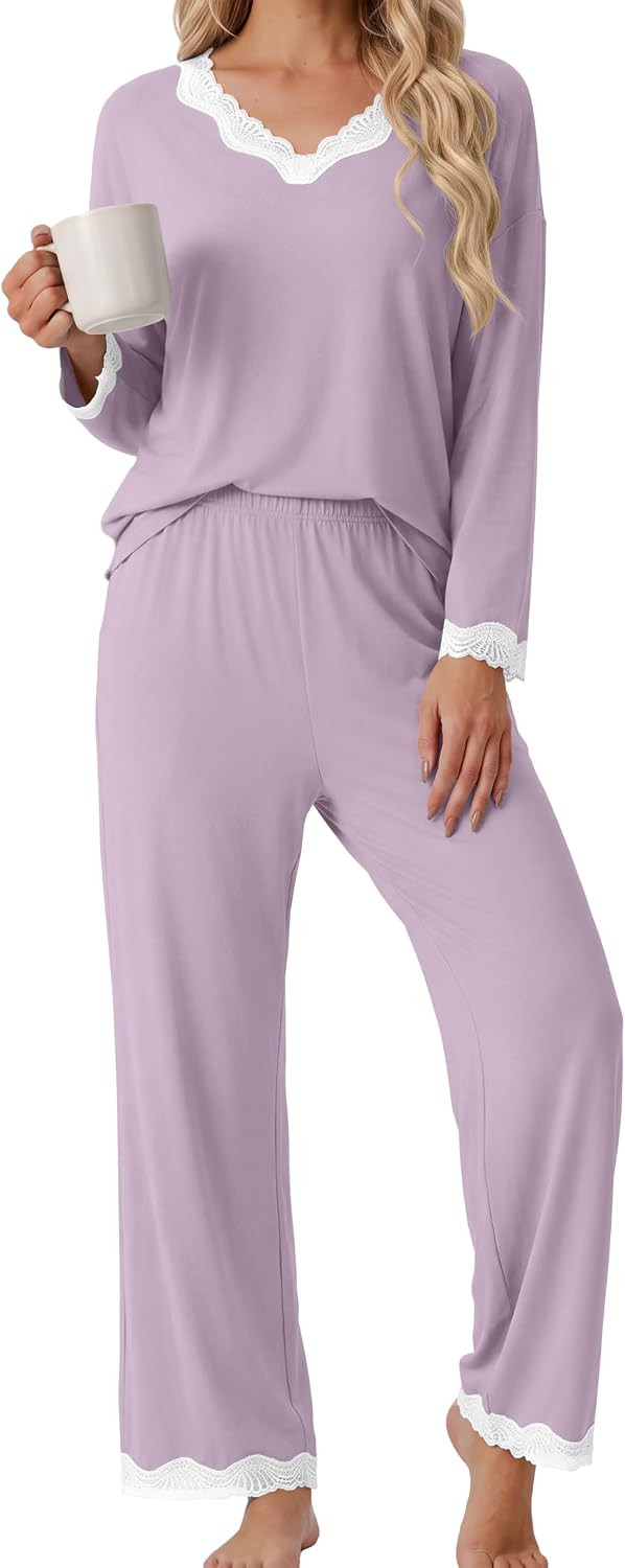 PrinStory Womens Pajamas Sets 2 Piece V Neck Pj Set with Lace Trim | Amazon (US)