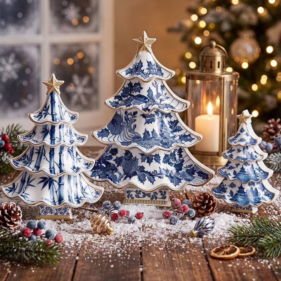 3 Pcs Chinoiserie Christmas Tree Decor Blue White Wood Decoration | Amazon (US)