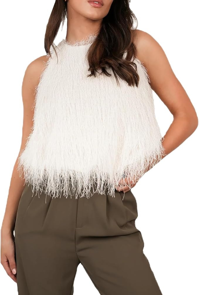 Women Faux Fur Tank Top Fuzzy Sleeveless Babydoll Crop Top Y2K Fluffy Knit Sweater Vest Going Out | Amazon (US)