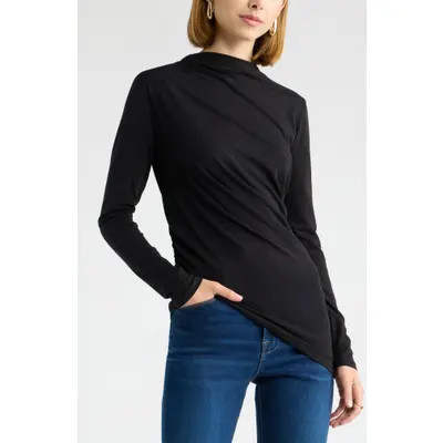 Open Edit Ruched Asymmetrical Mock Neck Top in Black at Nordstrom, Size Medium | Nordstrom