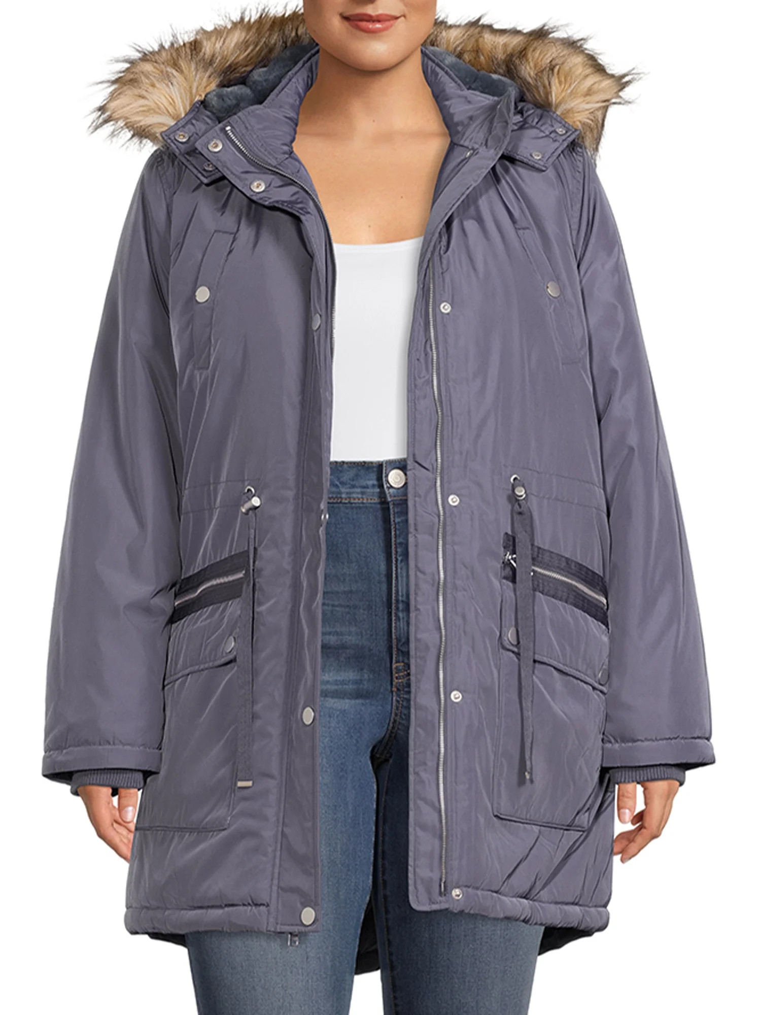 Time and Tru Women's and Plus Anorak Coat with Faux Fur Trim Hood | Walmart (US)