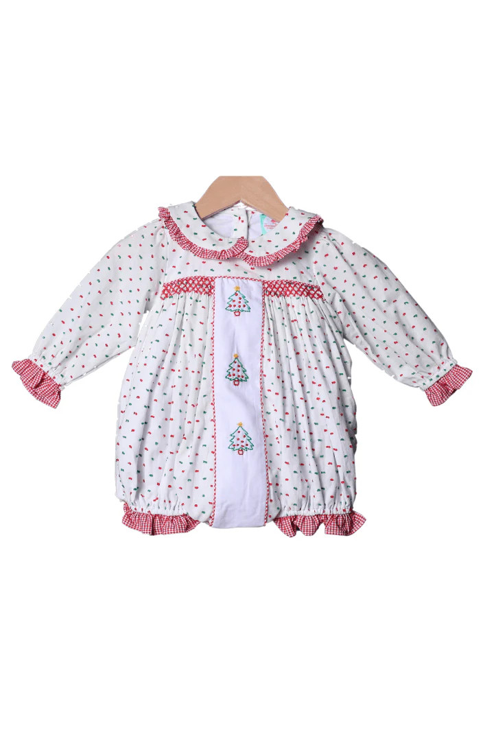 Shadow Embroidery Christmas Tree Swiss Dot Ruffle Bubble | The Smocked Flamingo