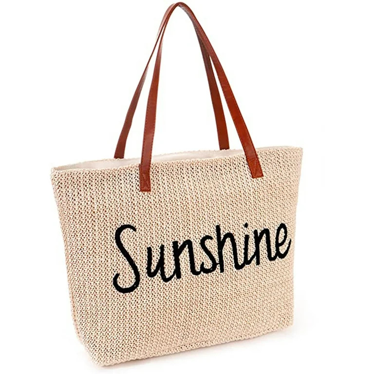 Extra Large Sandproof Straw Beach Bag with Zipper , Stitchwork Big Tote Bags with Inner Pockets ,... | Walmart (US)