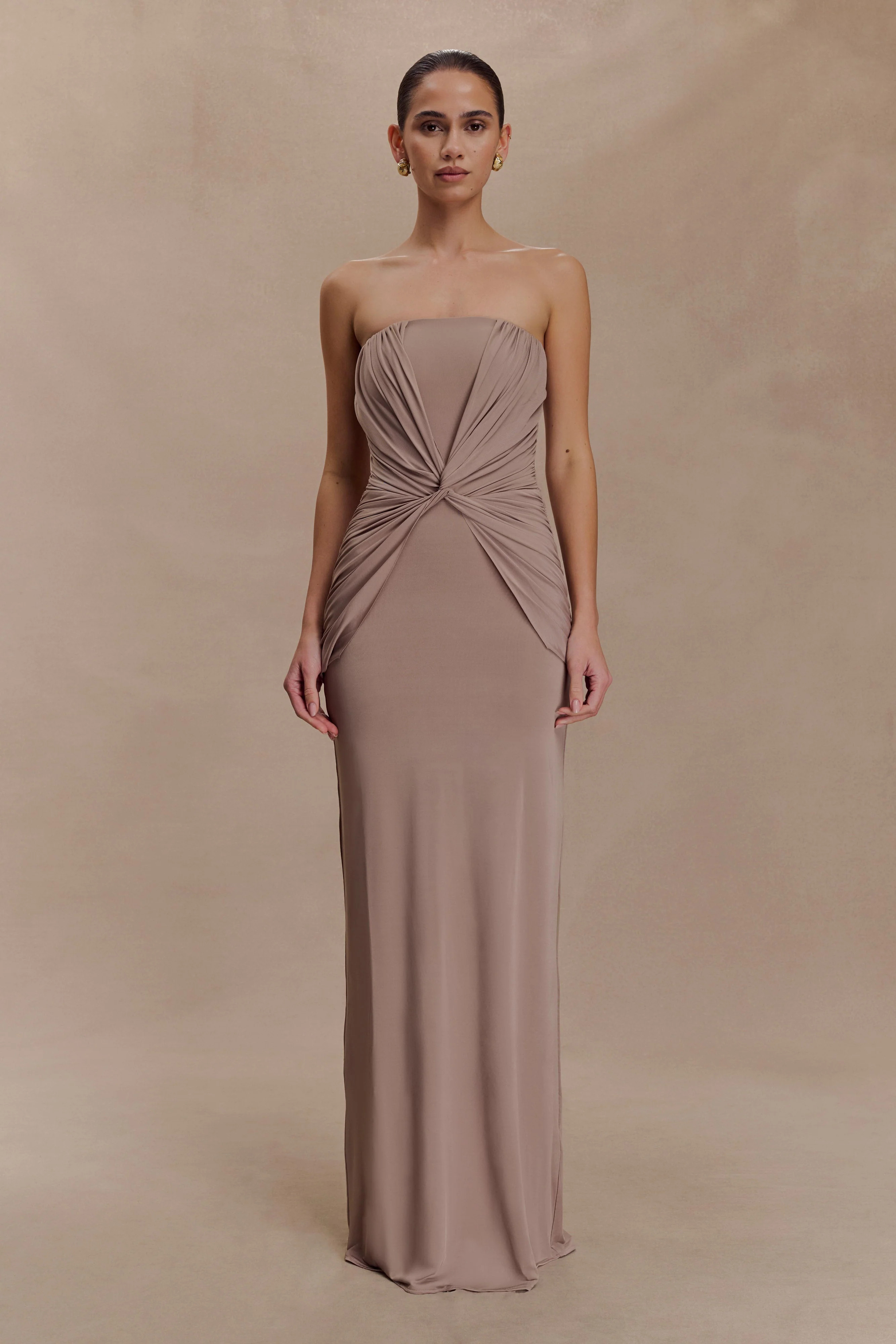 Mirren Strapless Slinky Maxi Dress - Bronze | MESHKI US