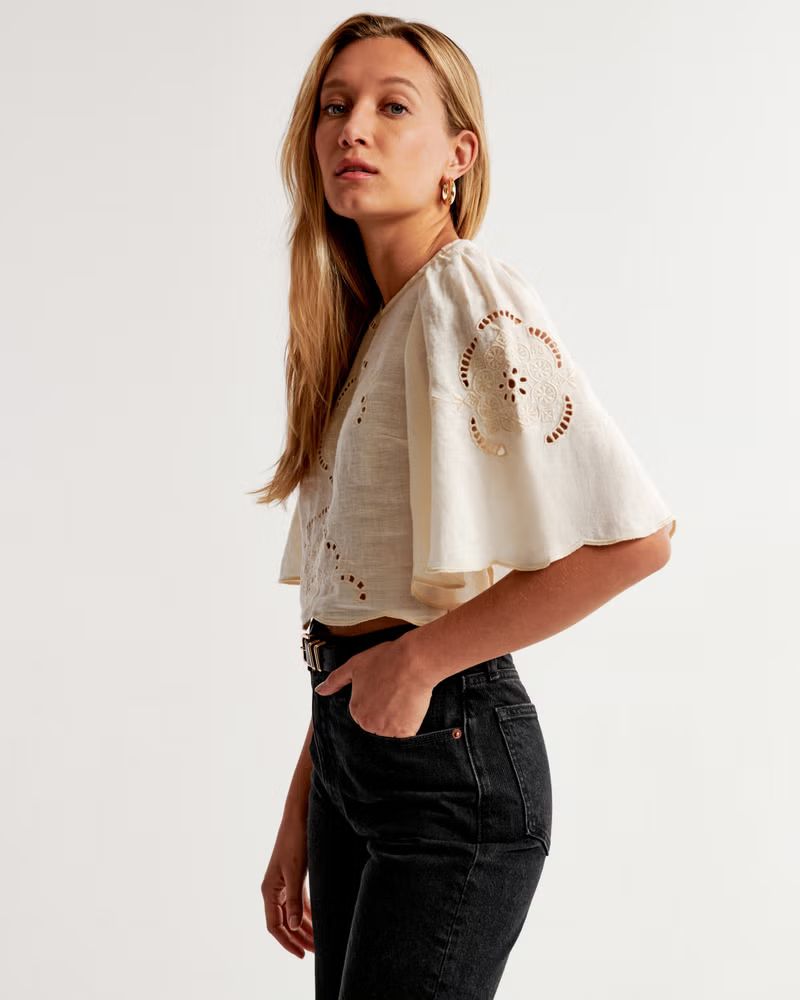 Angel Sleeve Linen Cutwork Crew Top | Abercrombie & Fitch (US)