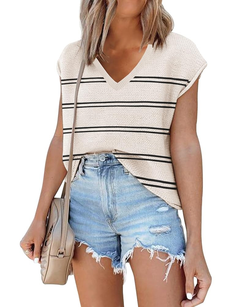 Women's Sleeveless Sweater Vest Casual V Neck Cap Sleeve Knit Pullover Tank Tops 2025 Spring Clot... | Amazon (US)