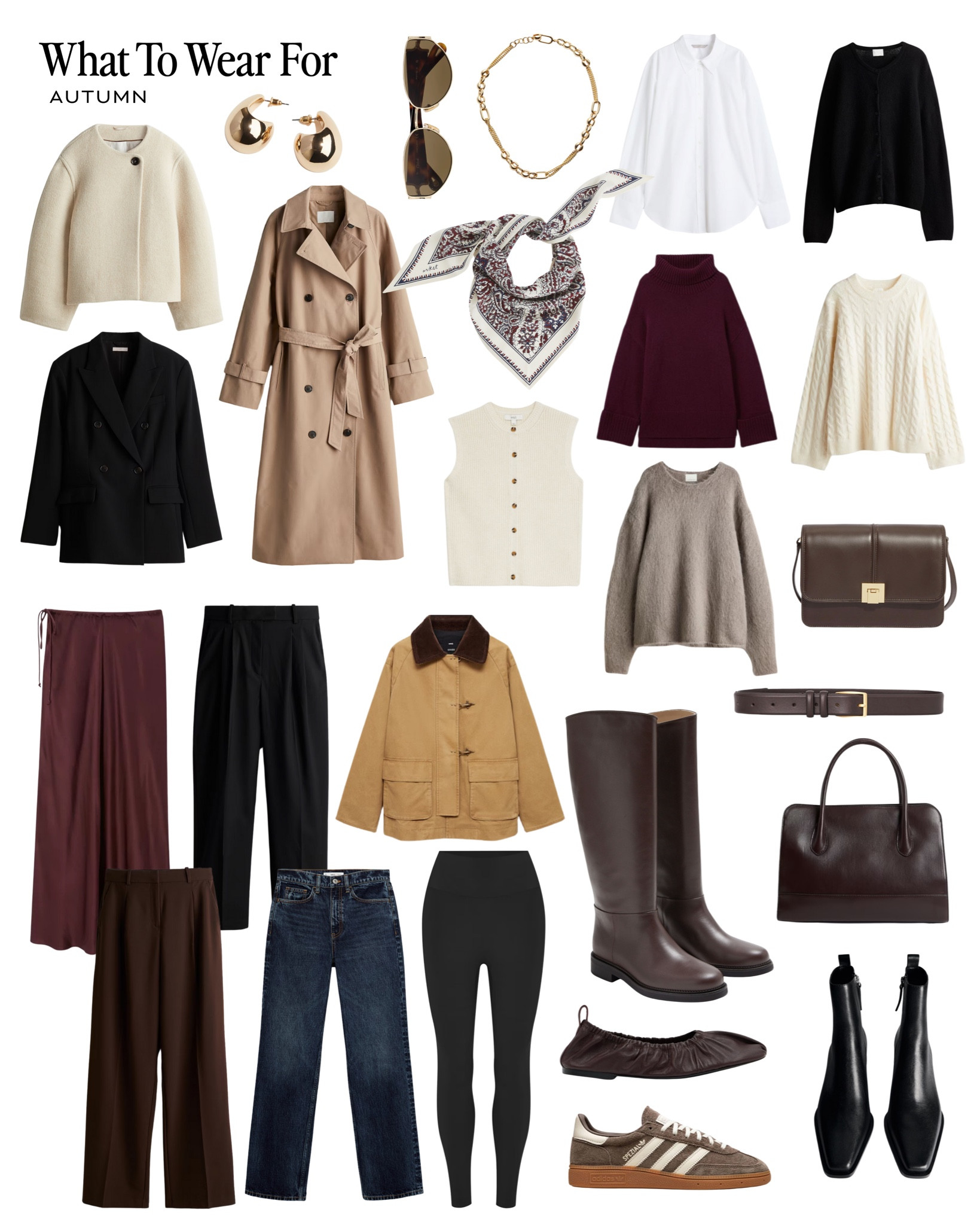 Autumn Capsule Wardrobe 🍂 (clothing linked - see other page for accessory links!)

Wool jacket / trench coat / waxed jacket / mohair knit / cardigan / burgundy jumper / brown knee high boots / straight dark blue jeans / satin midi skirt / wide trousers / tapered trousers / high street fashion / heeled boots / ballet flats 

#LTKuk #LTKautumn #LTKeurope