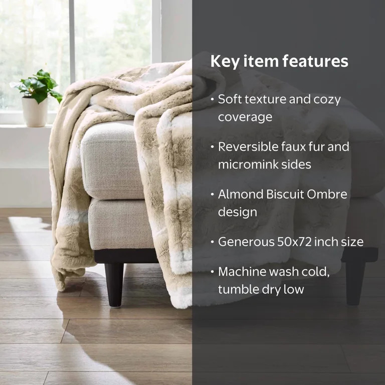 Better Homes & Gardens Almond Biscuit Ombre Faux Fur Throw, 50 in x 72 in | Walmart (US)