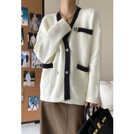 Double-Breasted Contrast Color Cardigan in Ivory | Chicwish