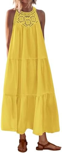 BTFBM Halter Summer Dresses for Women 2026 Casual Spring Hollow Out Sleeveless Boho Sundresses Be... | Amazon (US)