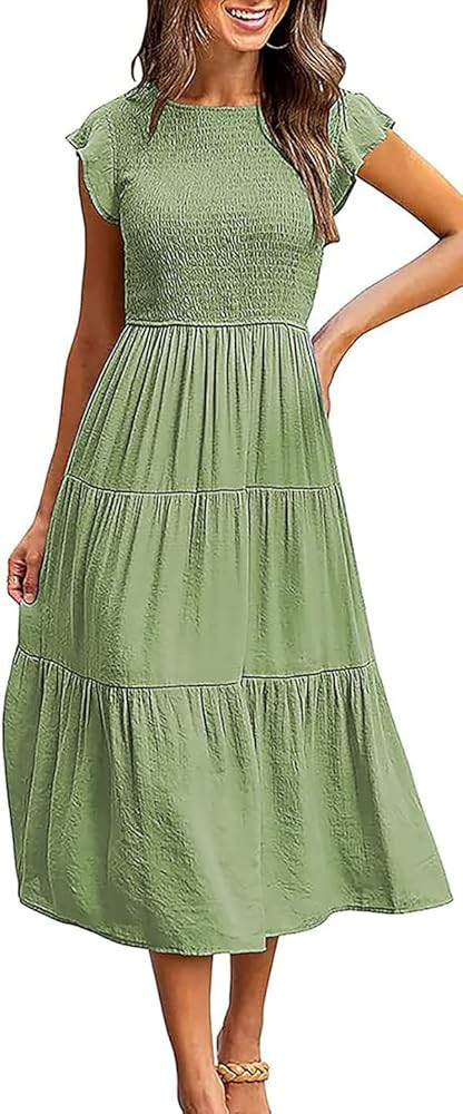 Women's Casual Flutter Short Sleeve Dress Summer Crew Neck Smocked Elastic Waist Tiered Midi Dres... | Amazon (US)